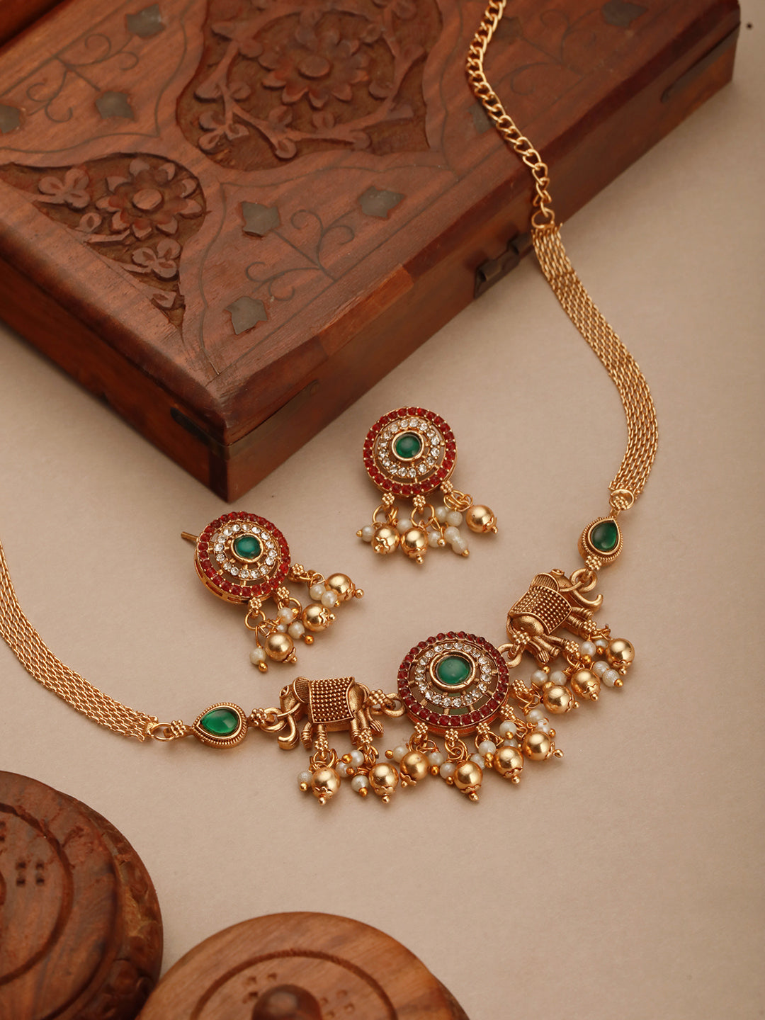 Gold Plated Green Kempo Studded Elepahant Delicate Choker Jewellery Set
